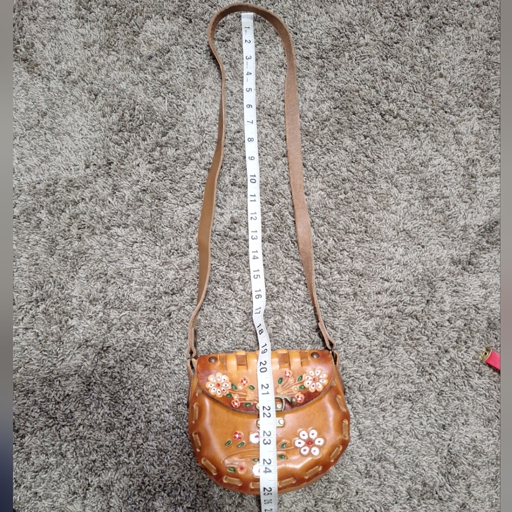 Handmade Mexico Leather Floral Tooled Woven Handpainted Crossbody Bag-Brown - Picture 6 of 7